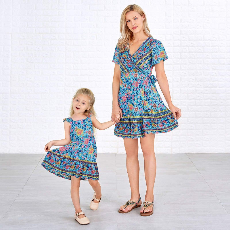 PopReal Mommy and Me Floral Printed Dresses Shoulder Straps Bowknot Chiffon Sleeveless Matching Outfits Light Blue - Image 2